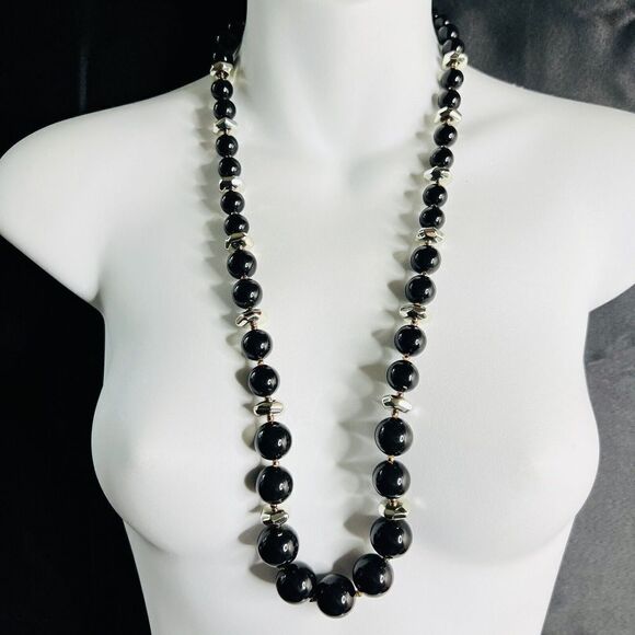 Vintage Black Silver Tone Lucite Statement Beaded Graduated Beads Necklace - Picture 4 of 7